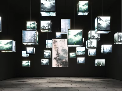 Hanging Square Decorative Lamps With Artistic Landscape Designs On Dark Background 3d model