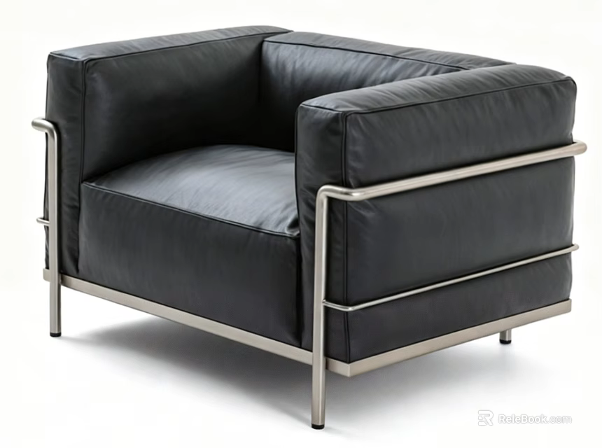 Elegant Modern Black Leather Single Sofa With Silver Metal Frame Minimalist Style 3d model 