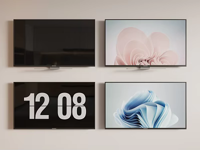 Modern Wall Mounted TVs Displaying Digital Clock And Abstract Floral Patterns 3d model
