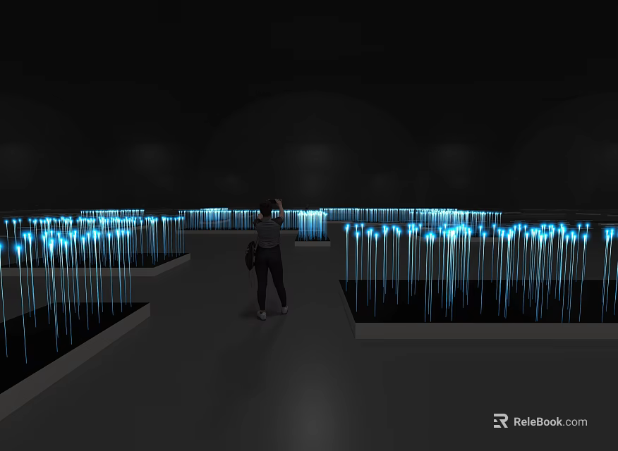 Glowing Blue Light Columns Art Installation In Dark Exhibition Space With Viewer 3d model 