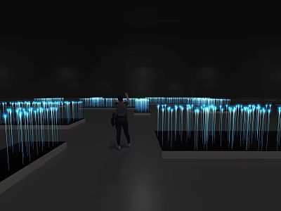 Glowing Blue Light Columns Art Installation In Dark Exhibition Space With Viewer 3d model