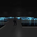 Glowing Blue Light Columns Art Installation In Dark Exhibition Space With Viewer 3d model