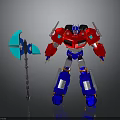 Red And Blue Robot Action Figure With Blue Axe Weapon