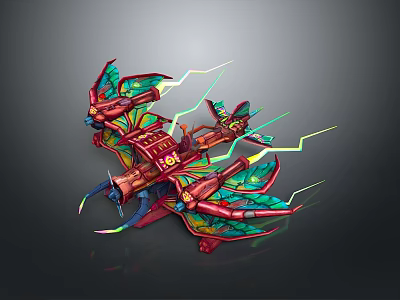 Ornate Red Mechanical Winged Structure With Colorful Details And Lightning Effects 3d model