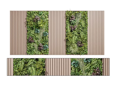 Indoor Green Plant Wall Design With Wooden Strips And Lush Greenery 3d model