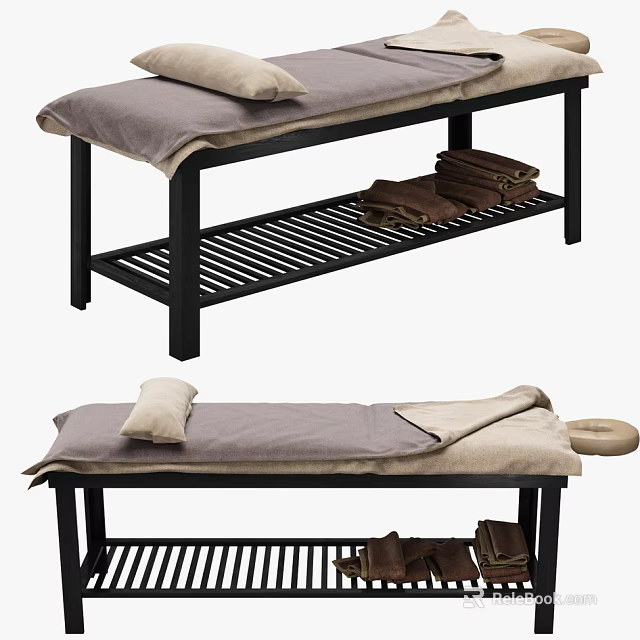 Modern Massage Bed Featuring Metal Frame Gray Sheet Pillow Storage Shelf And Towels 3d model 