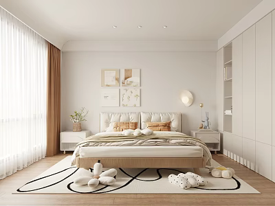 Modern Bedroom Interior With Beige Bed Nightstands Wall Art Curtains And Decorative Rug 3d model