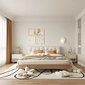 Modern Bedroom Interior With Beige Bed Nightstands Wall Art Curtains And Decorative Rug