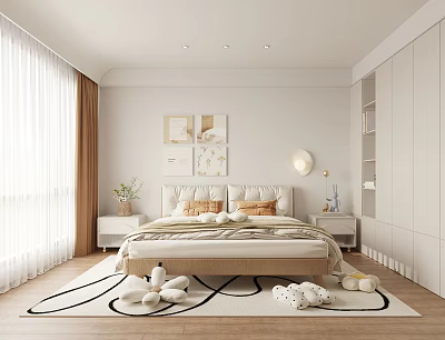 Modern Bedroom Interior With Beige Bed Nightstands Wall Art Curtains And Decorative Rug 3d model