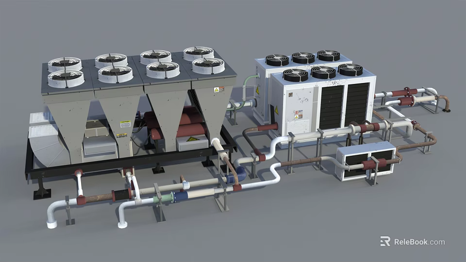 Industrial Cooling System With Multiple Fan Units And Connected Pipes 3d model 