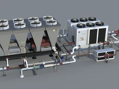 Industrial Cooling System With Multiple Fan Units And Connected Pipes 3d model
