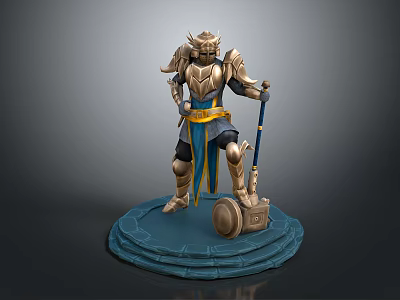 Game Fantasy Warrior Character with Golden Silver Armor Blue Sash Staff and Blue Circular Base 3d model