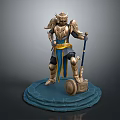 Game Fantasy Warrior Character with Golden Silver Armor Blue Sash Staff and Blue Circular Base