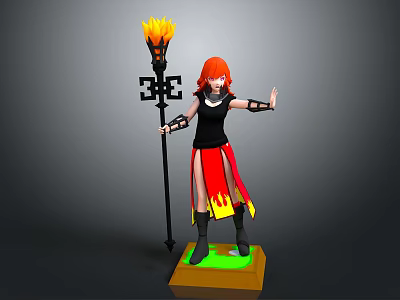 Woman In Black Top Red Black Skirt Orange Hair Holding Flaming Torch On Green Base 3d model