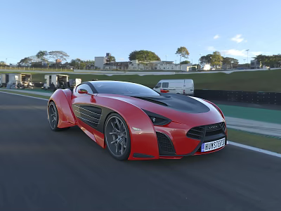 Red Sleek Sports Car Driving On Race Track With Green Grass And Trees 3d model