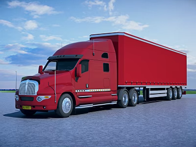 Red Big Rig Truck On Open Road Under Blue Sky 3d model