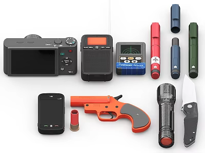 Practical Hardware Tools Collection Featuring Flashlight Folding Knife Colorful Tool Pens And Measuring Device 3d model