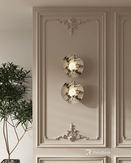 Modern Elegant Wall Lamp with Marble Pattern in Interior Decor and Green Plant 3d model 