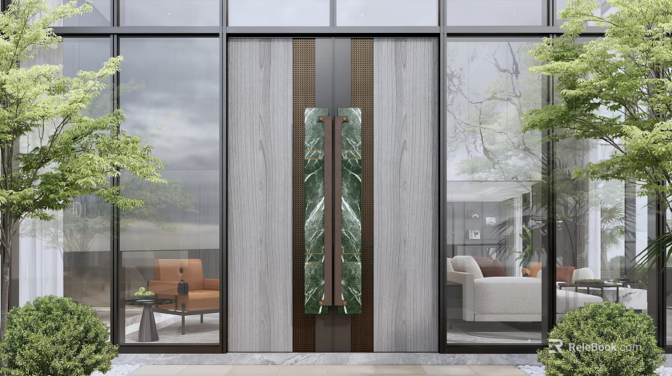 Modern Entrance Door Design With Glass Panels Marble Accent Wooden Frame And Greenery 3d model 