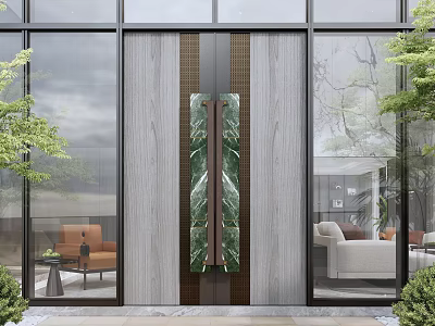 Modern Entrance Door Design With Glass Panels Marble Accent Wooden Frame And Greenery 3d model