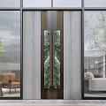 Modern Entrance Door Design With Glass Panels Marble Accent Wooden Frame And Greenery