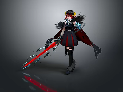 Fantasy Woman in Black Dress Red Cape Feather Accents Holding Glowing Red and Blue Longsword 3d model