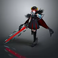 Fantasy Woman in Black Dress Red Cape Feather Accents Holding Glowing Red and Blue Longsword