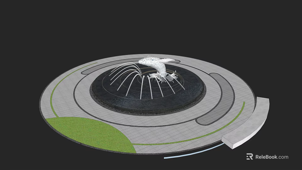 Circular Water Fountain With White Sculpture Surrounding Green Lawn And Gray Pavement 3d model 