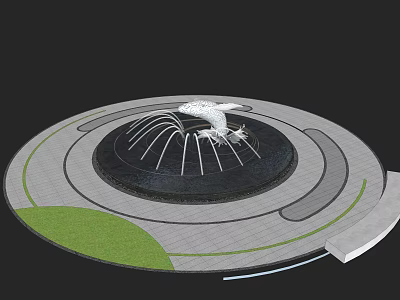 Circular Water Fountain With White Sculpture Surrounding Green Lawn And Gray Pavement 3d model