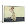 Portrait Painting of Woman in Pink Hat Playing Flute With Yellow Dog Against Light Background