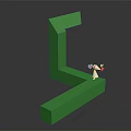Cartoon Scene Featuring Green Geometric Structure Small White Character With Pink Decorations On Black Background