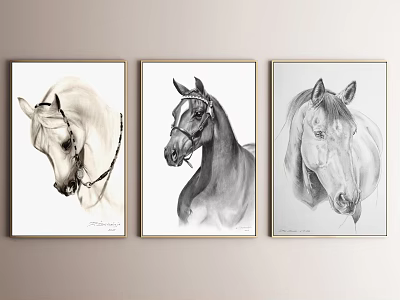 Three Framed Horse Animal Paintings In Pencil Sketch Style With Different Poses Hanging On Wall 3d model