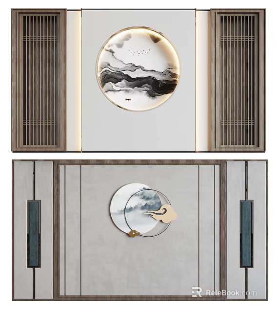 Modern Minimalist Sofa Background Wall With Circular Landscape Painting And Wooden Grilles 3d model 