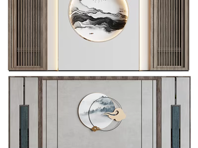 Modern Minimalist Sofa Background Wall With Circular Landscape Painting And Wooden Grilles 3d model