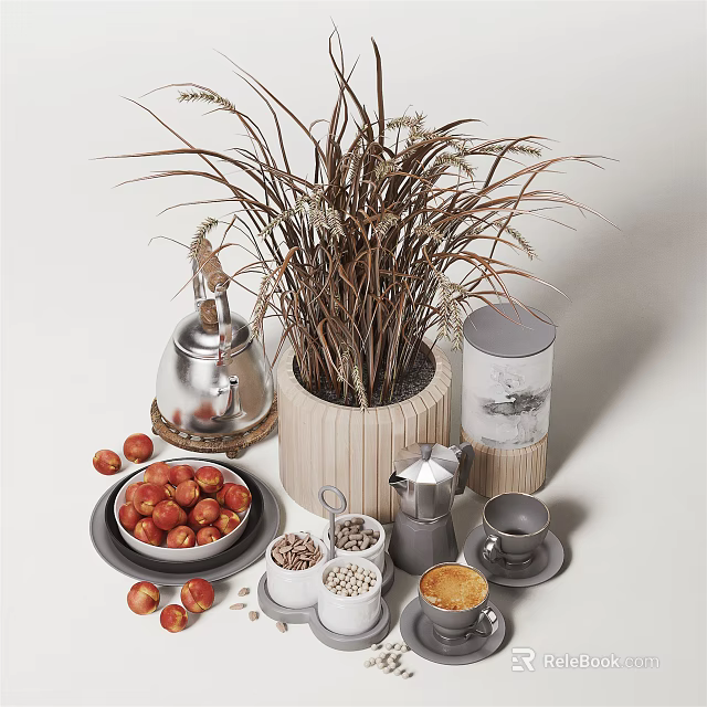 Ceramic Tableware Display With Fresh Apples Dried Grass Plant And Silver Kettle For Modern Kitchen 3d model 