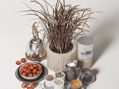Ceramic Tableware Display With Fresh Apples Dried Grass Plant And Silver Kettle For Modern Kitchen 3d model