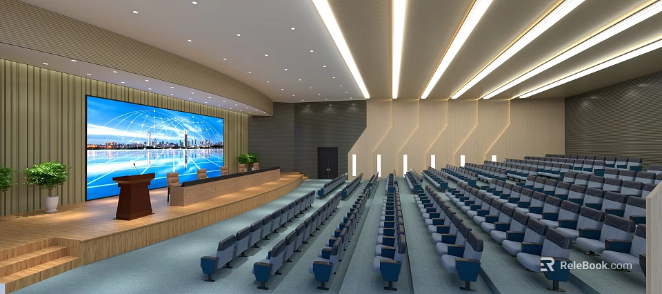 Large Modern Conference Room with Stage Large Screen Audience Seats and Modern Lighting 3d model 