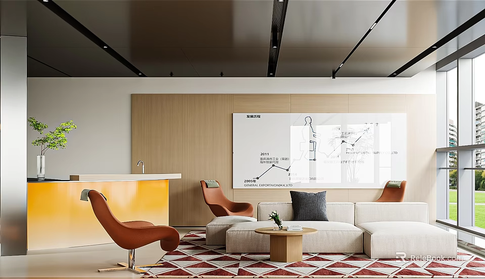 Modern Lounge Area Interior With Orange Chairs Sofa And Geometric Rug Coffee Table 3d model 