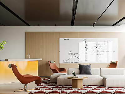 Modern Lounge Area Interior With Orange Chairs Sofa And Geometric Rug Coffee Table 3d model