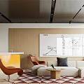 Modern Lounge Area Interior With Orange Chairs Sofa And Geometric Rug Coffee Table