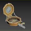 Open Golden Octagonal Box With Green Item And Decorative Chain For Daily Use