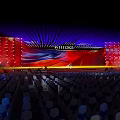 Stage Design with Red Blue Lighting Backdrop and Arranged Audience Seats Setup 3d model