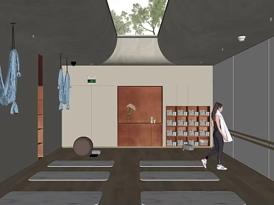 Spacious Yoga Studio Interior With Hanging Hammocks Yoga Mats And Wooden Floor 3d model