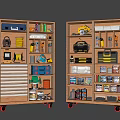 Public Facility Tool Cabinet Featuring Organized Drills Tapes Paint Cans And Storage Bins