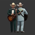 Men in Cowboy Hats Wearing Green and Light Blue Suits Playing and Carrying Guitars