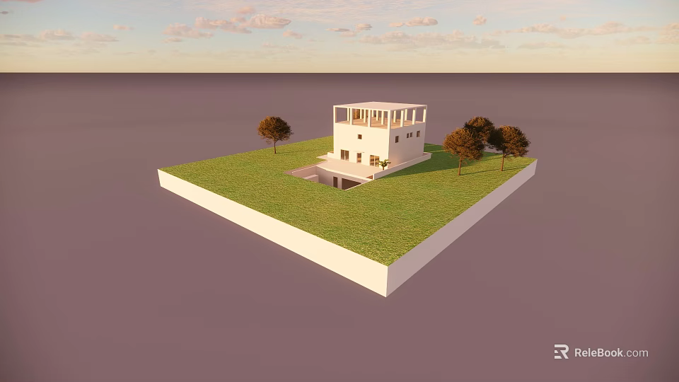 Modern White Detached House With Green Grass Lawn And Trees 3d model 