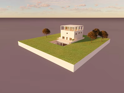 Modern White Detached House With Green Grass Lawn And Trees 3d model