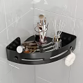 Black Bathroom Corner Shelf With Hollow Out Design And White Loofah