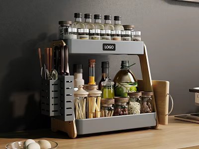 Practical Kitchen Organizer Rack With Spice Bottles Knives Storage Jars And Olive Oil 3d model