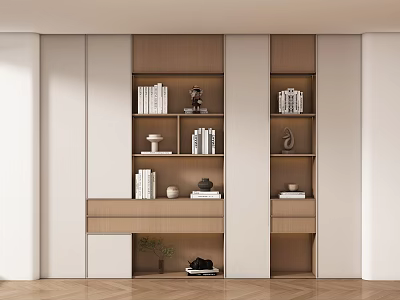 Stylish Modern Wooden Bookcase With Multiple Shelves Holding Books And Decorative Items 3d model